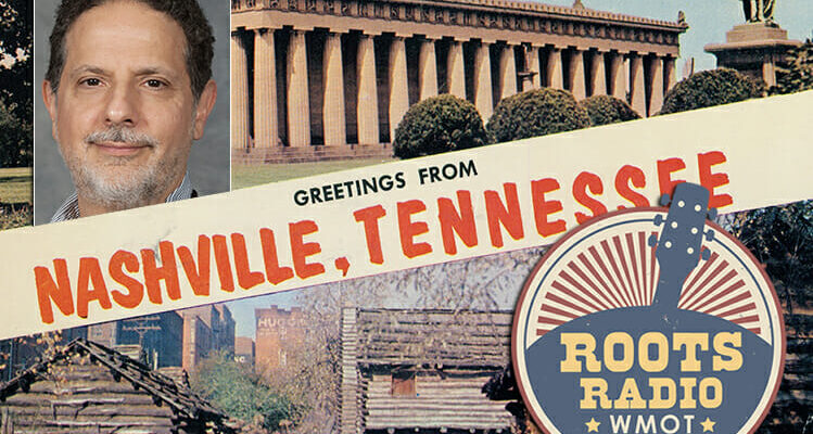 vintage Nashville postcard with photo of MTSU English professor and jazz expert Bill Levine and the WMOT-FM Roots Radio logo