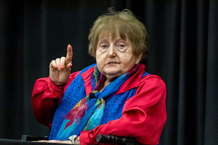 Holocaust survivor Eva Moses Kor makes a point in her Oct. 30 address at MTSU’s Holocaust Memorial Day commemoration in the Student Union Building. MTSU’s Jewish and Holocaust Studies Program, the Tennessee Holocaust Commission and the MTSU Department of English sponsored the Holocaust Conference keynote featuring Kor, co-author of “Surviving the Angel of Death” with Lisa Rojany Buccieri. Kor and her identical twin, Miriam, were held captive in the notorious Auschwitz death camp and survived sadistic genetic experimentation by the Nazis. (MTSU photo by J. Intintoli)