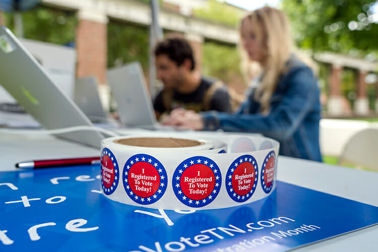 “I Registered To Vote Today!” stickers await MTSU students registering to vote outside Peck Hall during the Oct. 8-9 registration push. Their efforts pay off Tuesday, Nov. 6, when local and federal midterm elections are being held. (MTSU file photo by J. Intintoli)