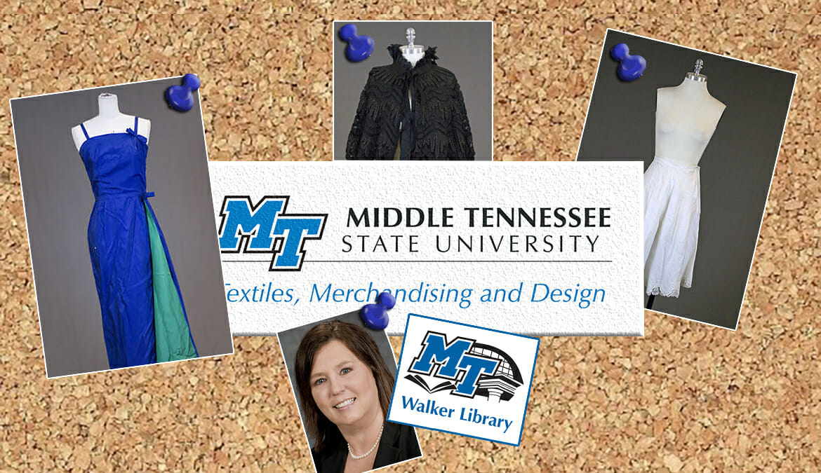 graphic for Historic Fashions Collection with photos of pieces from the collection and TXMD and Walker Library logos, plus photo of Dr. Teresa King