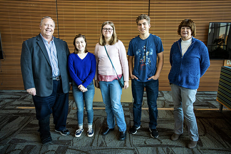 MTSU College of Basic and Applied Sciences Dean Bud Fischer, left, and Department of Chemistry professor Norma Dunlap, right, pose for a photo with the top three winners from the recent Chemistry Scholarship Tournament: first-place winner Faith Viers, second from left, and runner-up Callie Hall of Central Magnet School in Murfreesboro, and third-place Daniel Bergman of Mt. Juliet High School. (MTSU photo by Eric Sutton)