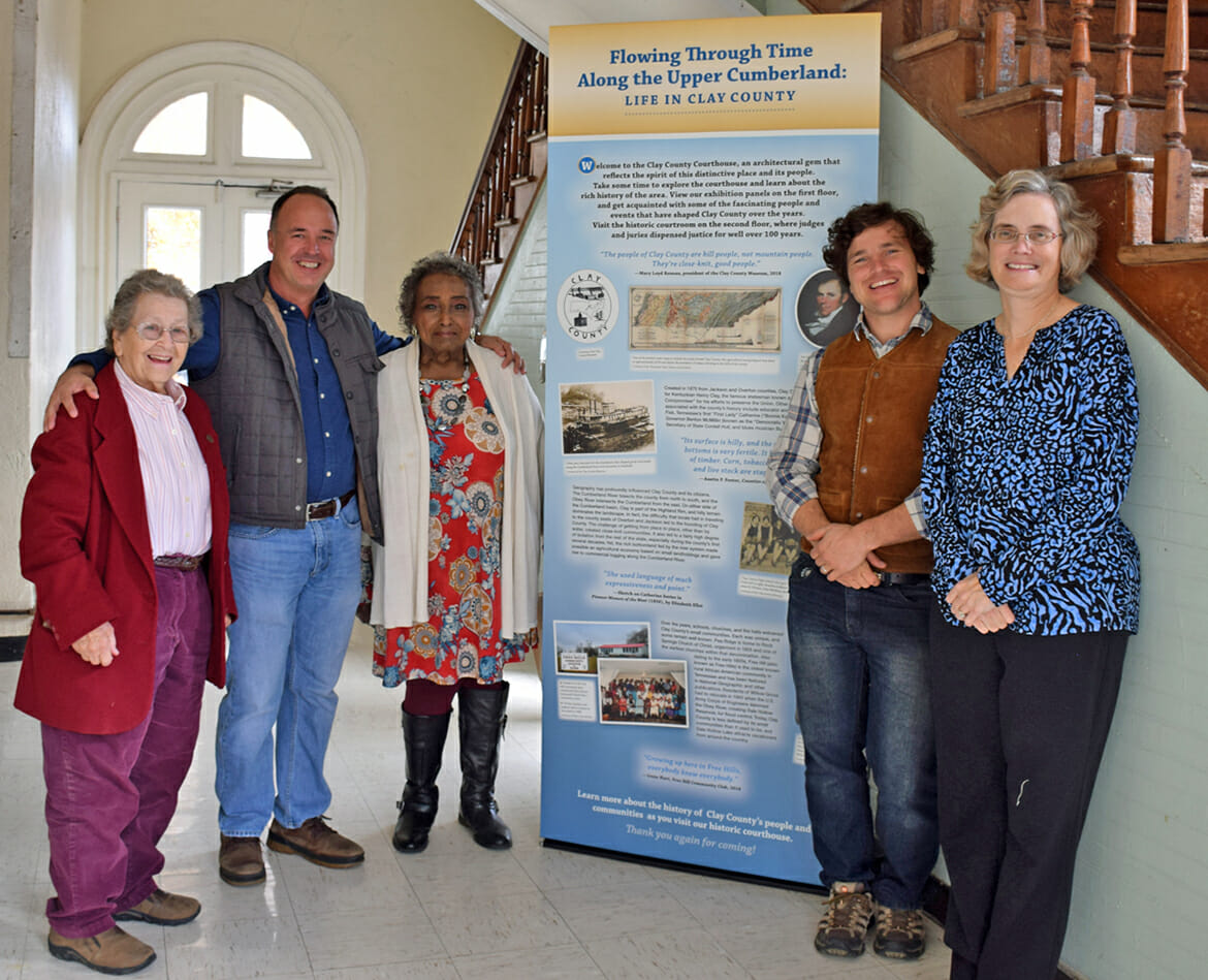 Display panels in the “Flowing through Time in the Upper Cumberland: Life in Clay County” exhibit were installed at the Clay County Courthouse Nov. 5. Pictured, from left, are Mary Loyd Reneau, Clay County Museum director; Mark Dudney, historic preservation planner, Upper Cumberland Development District; Mary Lean Bartlett, president, Free Hills Community Center; Harris Abernathy, graduate student, MTSU Center for Historic Preservation; and Antoinette van Zelm, assistant director, Center for Historic Preservation. (Photo submitted)
