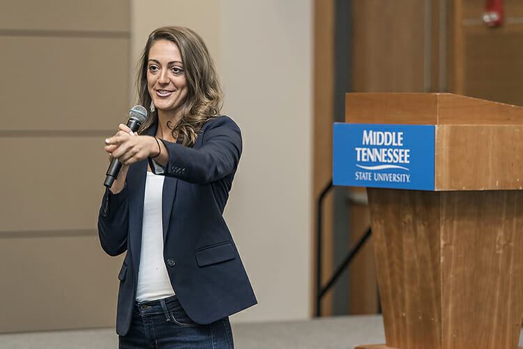 Guest speaker Jena Viviano, a Nashville-based career strategist, makes a point Nov. 15 in the MTSU Student Union Ballroom during Global Entrepreneurship Week activities hosted by the Jones College of Business. (MTSU photo by Andy Heidt)