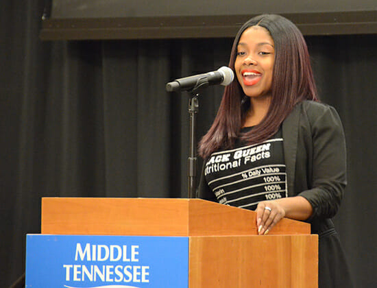 Graduating senior Amber Boyd, an integrated studies major, reflects on her time at MTSU during the 2018 Intercultural Graduation Reception held Nov. 19 inside the Student Union Ballroom. (MTSU photo by Jimmy Hart)
