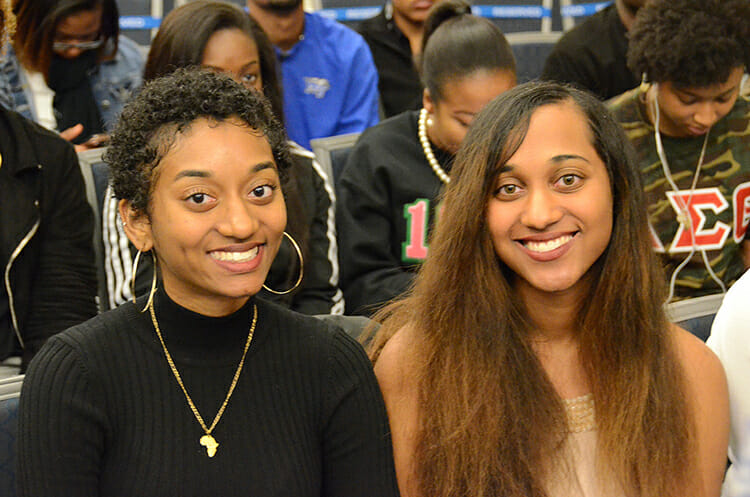 Graduating senior Malikka Datta, left, an Africana studies major, is shown with sister and fellow senior Malina Datta, a political science and public administration major, at the 2018 Intercultural Graduation Reception held Nov. 19 inside the Student Union Ballroom. (MTSU photo by Jimmy Hart)