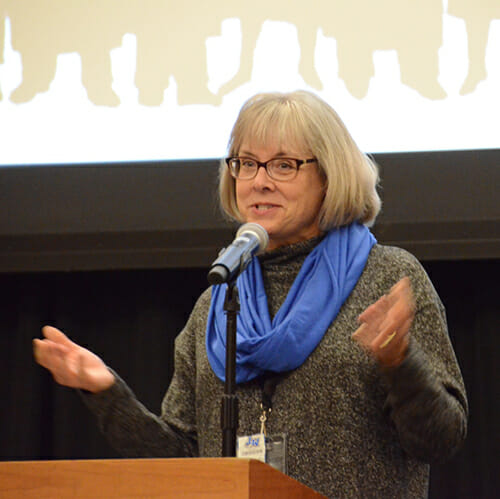 Dr. Debra Sells, vice president of student affairs and vice provost for enrollment and academic services, offers words of encouragement during the 2018 Intercultural Graduation Reception held Nov. 19 inside the Student Union Ballroom. (MTSU photo by Jimmy Hart)