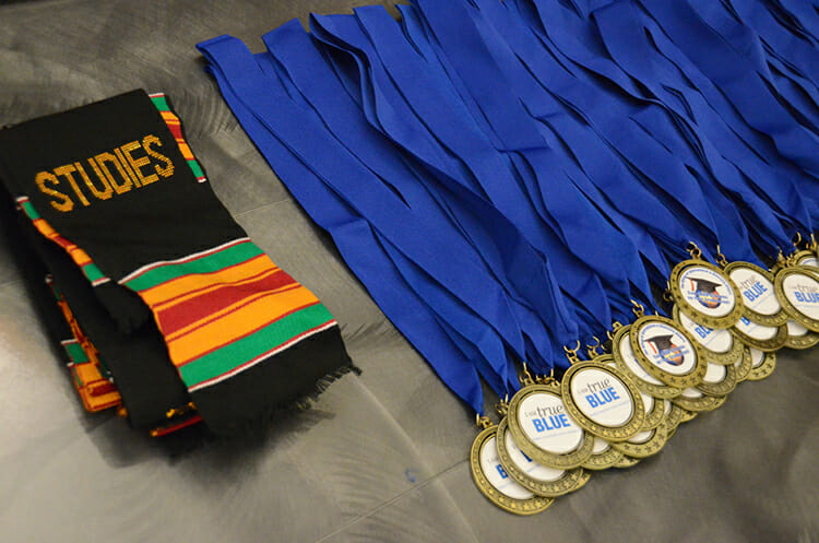These special kente cloth stoles and True Blue medallions were presented during the 2018 Intercultural Graduation Reception held Nov. 19 inside the Student Union Ballroom. (MTSU photo by Jimmy Hart)