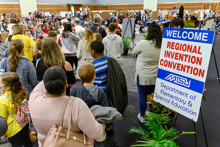 Fourth-, fifth- and sixth-graders from across Middle Tennessee are joined by their teachers, families and other supporters to hear announcements of the winners of MTSU's 27th annual Invention Convention, held Feb. 21 in the university's Student Union Ballroom. Nearly 800 Midstate youngsters attended this year's event, displaying a total of 375 inventions. (MTSU photo by J. Intintoli)