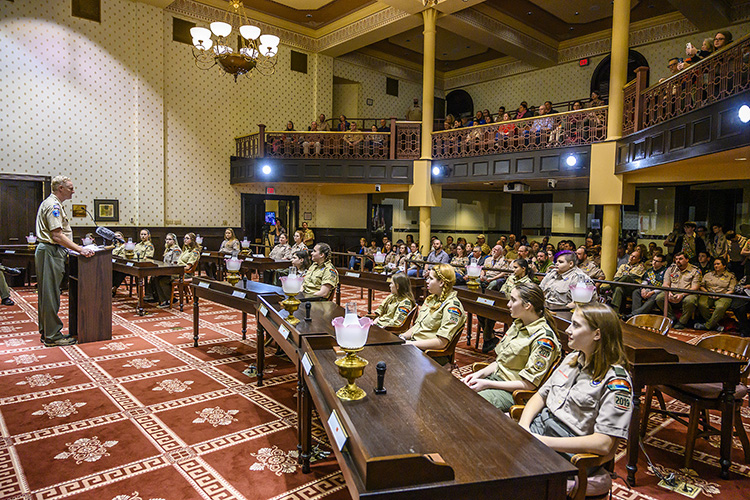 Chief Scout Executive Larry Brown of the Middle Tennessee Council of Boy Scouts of America brings greetings from scouts across the region at the charter ceremony for new Troop 2019. (MTSU photo by Eric Sutton)