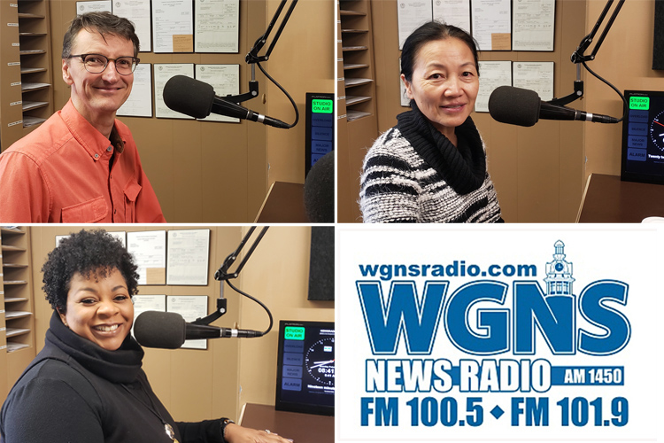 MTSU faculty and staff appeared on the Feb. 18 WGNS Radio “Action Line” program with host Bart Walker to discuss upcoming MTSU events. Pictured in studio are, top left, Jamey Simmons, music professor and musician; top right, Mei Han, director, MTSU Center for Chinese Music and Culture; and, bottom left, Barbara Scales, director, June Anderson Center for Women and Nontraditional Students. (MTSU photo illustration by Jimmy Hart)