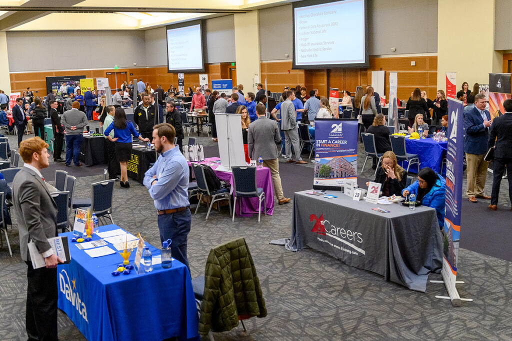 MTSU Jones College of Business students network with employers about jobs and internships at the Business Exchange for Student Talent, or BEST, Career Fair held Wednesday, March 20, in the Student Union Building ballroom. (MTSU photo by J. Intintoli)