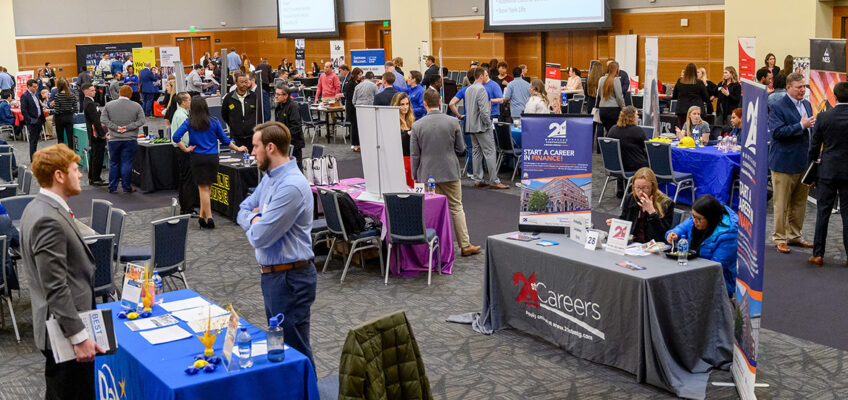 MTSU Jones College of Business students network with employers about jobs and internships at the Business Exchange for Student Talent, or BEST, Career Fair held Wednesday, March 20, in the Student Union Building ballroom. (MTSU photo by J. Intintoli)