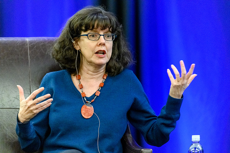 Julie Cohen, co-director of the Oscar-nominated documentary “RBG,” makes a point while addressing MTSU students following the screening of the film March 18 in the Student Union Ballroom. (MTSU photo J. Intintoli)