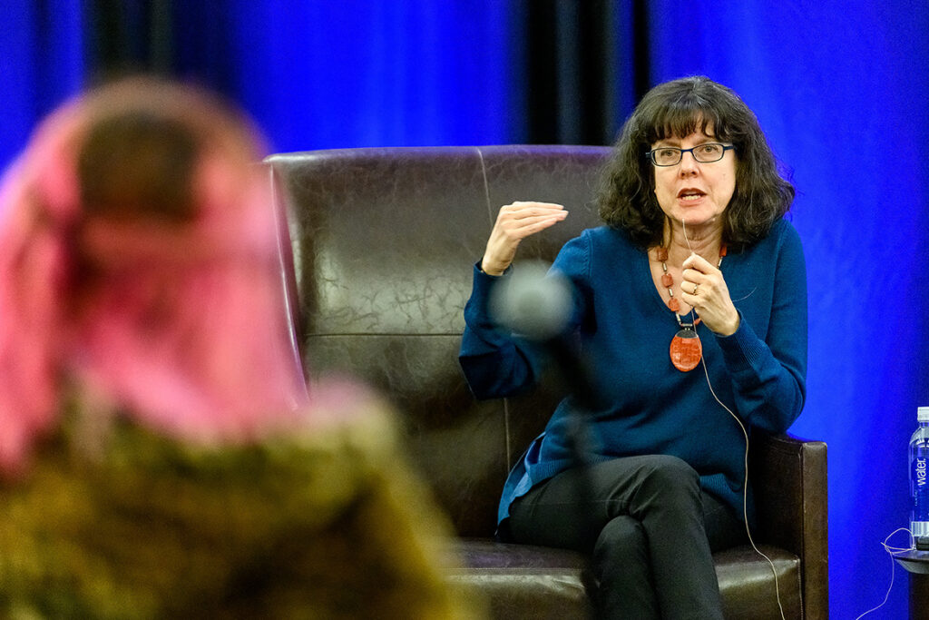 Julie Cohen, right, co-director of the Oscar-nominated documentary “RBG,” responds to a question asked by audience member following a March 18 screening in the Student Union Ballroom. (MTSU Photos by J. Intintoli)