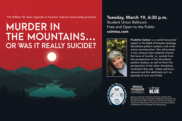 Blood spatter expert Paulette Sutton will speak at MTSU Tuesday, March 19, in a free public lecture in the Student Union Ballroom.