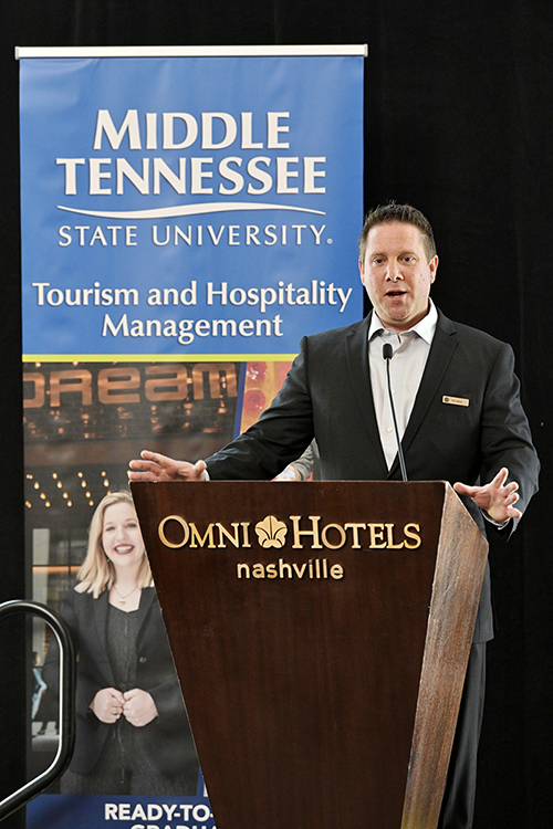 Eric Opron, managing director of the Omni Nashville Hotel, expresses his support for MTSU's new Tourism and Hospitality Management Bachelor of Science Degree Program Thursday, March 21, during the announcement of the program's fall 2019 launch. The new program is the only college degree track of its kind in Middle Tennessee and will prepare graduates for a wide variety of careers, including travel and tourism services, food and beverage services, entertainment, concerts and festivals, travel transportation and more. (MTSU photo by Andy Heidt)