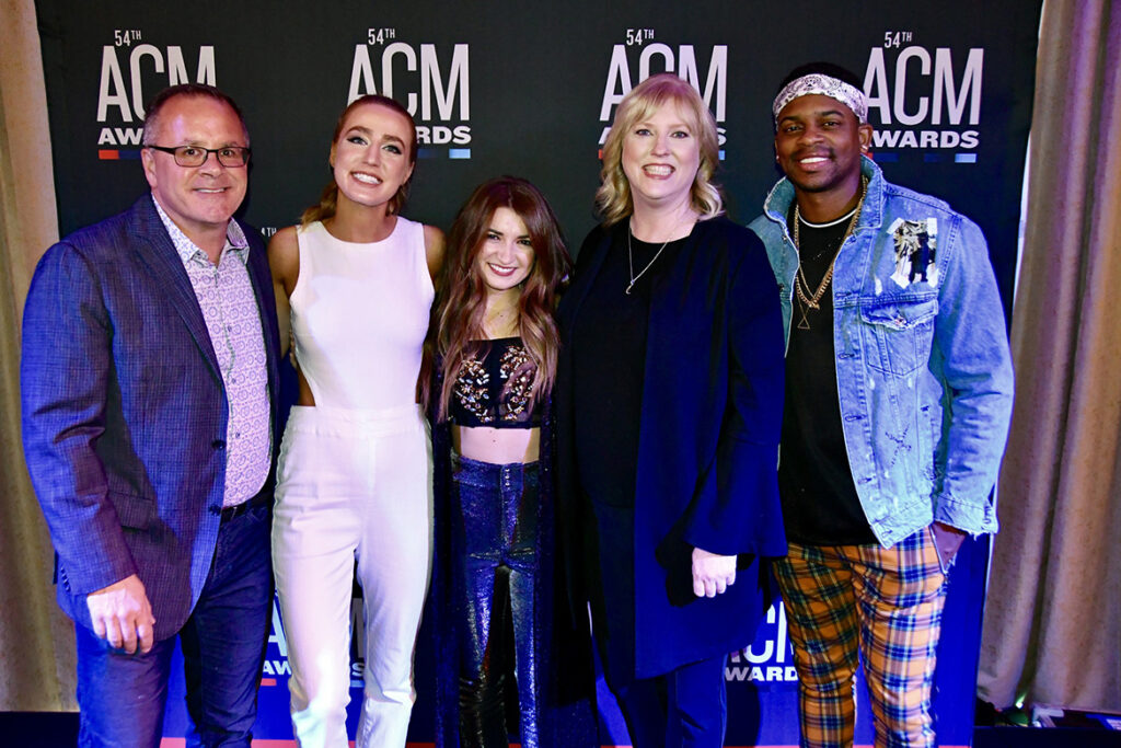 From left, Academy of Country Music CEO and MTSU alum Pete Fisher; artists Ingrid Andress and Tenille Townes; MTSU Recording Industry Chair Beverly Keel; and artist Jimmie Allen. The artists were featured as part of the Change the Conversation event held Saturday night, April 6, in Las Vegas in advance of Sunday’s ACM Awards. (MTSU photo by Andrew Oppmann)