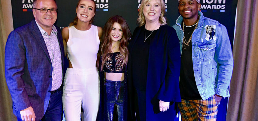 From left, Academy of Country Music CEO and MTSU alum Pete Fisher; artists Ingrid Andress and Tenille Townes; MTSU Recording Industry Chair Beverly Keel; and artist Jimmie Allen. The artists were featured as part of the Change the Conversation event held Saturday night, April 6, in Las Vegas in advance of Sunday’s ACM Awards. (MTSU photo by Andrew Oppmann)
