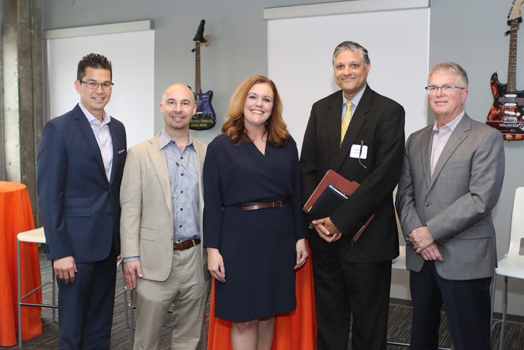 Amy Harris, third from left, associate professor in information systems and analytics at MTSU, moderated a panel Thursday, April 18, at the Greater Nashville Technology Council’s latest Tech Talk. Pictured are Justin Neece, Chris Bayham, Harris, Manish Shah and Eric Thrailkill. The panel of area healthcare experts discussed Harris’ latest report about healthcare technology jobs in Middle Tennessee. The (MTSU photo by James Cessna)
