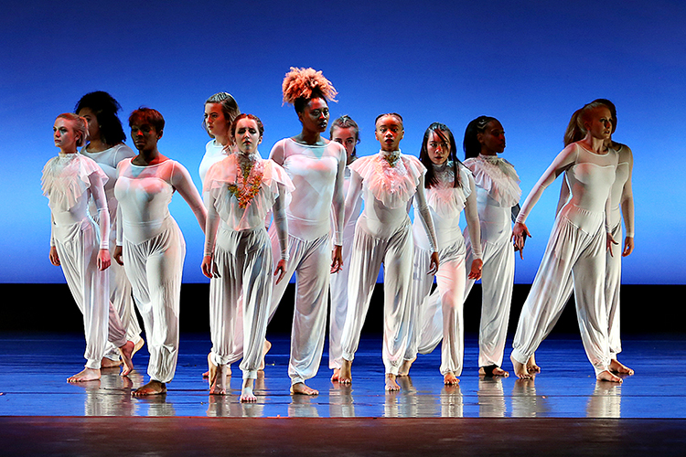 Members of the MTSU Dance Theatre troupe stand tall before the audience in Tucker Theatre during a performance in the Fall 2018 Dance Concert at MTSU. The 2019 Spring Dance Concert event is set April 18-20 at Tucker Theatre inside the university's Boutwell Dramatic Arts Auditorium. Ticket information is available at MTSUArts.com. (Photo courtesy of Martin O’Connor)