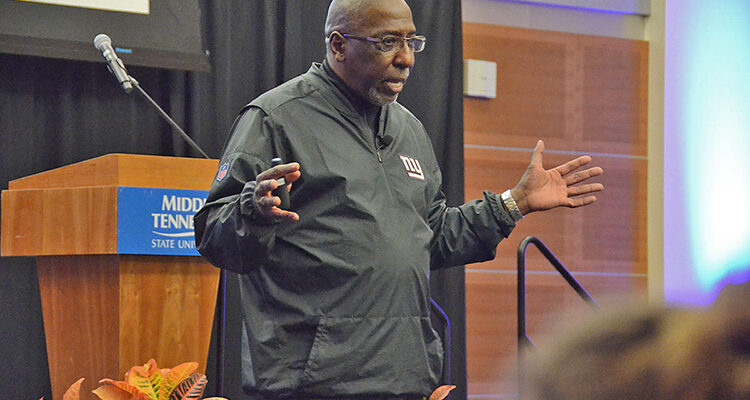Author and social justice advocate Tony Porter makes a point during his presentation about combatting gender-based violence held April 8 in the Student Union Ballroom. (MTSU photo by Jimmy Hart)