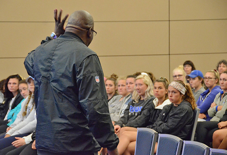 MTSU student athletes listen as author and social justice advocate Tony Porter makes a point during his presentation about combatting gender-based violence held April 8 in the Student Union Ballroom. The session, which was geared toward female students and student athletes, was one of two held by Porter that night. (MTSU photo by Jimmy Hart)