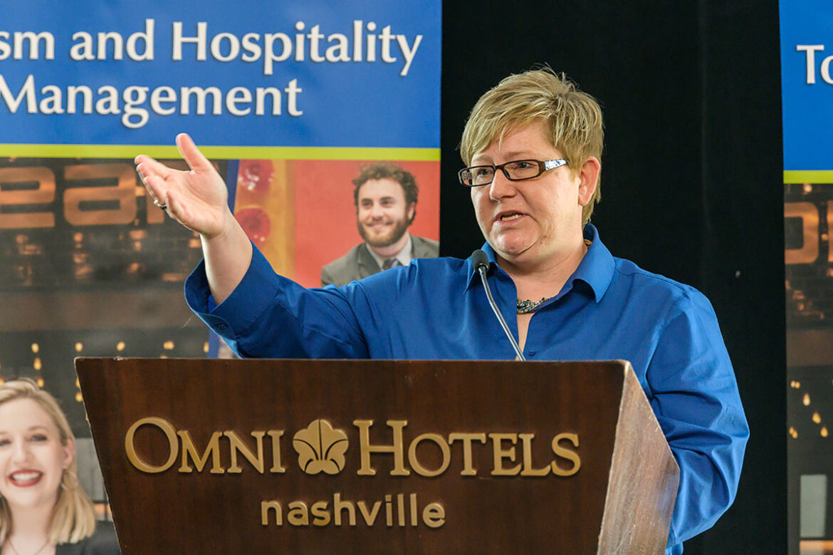 Dr. Joey Gray of the Leisure, Sport and Tourism department addresses guests at the introduction event for the new Tourism and Hospitality degree program at the OMNI Hotel in downtown Nashville. Photo by Andy Heidt.