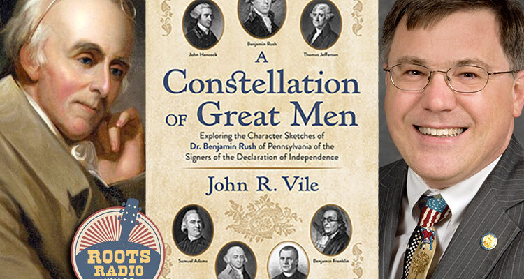 Promo showing, at left, Dr. Benjamin Rush, a signer of the Declaration of Independence who wrote character sketches of his 18th-century colleagues that are the focus of a new book, center, “A Constellation of Great Men: Exploring the Character Sketches of Dr. Benjamin Rush of Pennsylvania of the Signers of the Declaration of Independence,” by MTSU Honors College Dean John R. Vile, right.