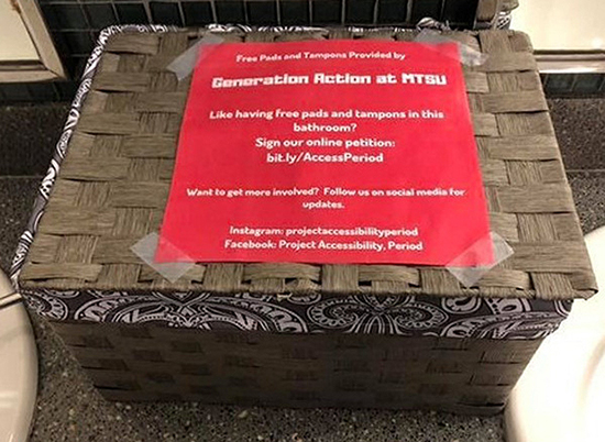 Pictured is one of the baskets of feminine supplies provided by the MTSU student organization Generation Action in restrooms throughout campus. (Submitted photo)