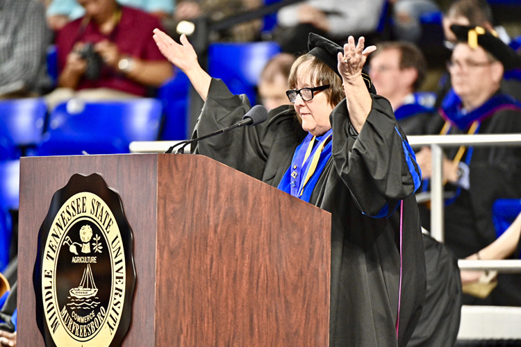 MTSU chemistry professor and Career Achievement Award winner Judith Iriarte-Gross urges new graduates to be inquisitive as she speaks during the university’s College of Graduate Studies spring 2019 commencement ceremony Friday, May 3, inside Murphy Center. MTSU awarded 384 master’s and doctoral degrees in the May 3 ceremony and will present 2,145 undergraduates with their diplomas in dual ceremonies Saturday, May 4. (MTSU photo by J. Intintoli)
