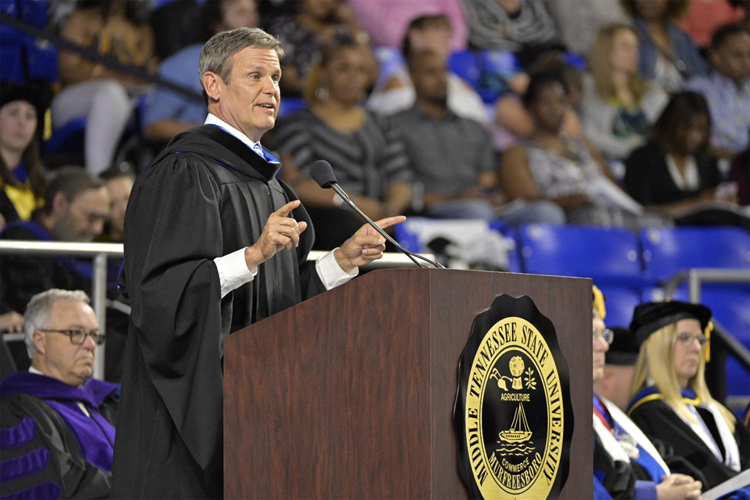 Tennessee Gov. Bill Lee speaks at MTSU’s spring 2019 morning commencement ceremony Saturday, May 4, at Murphy Center. MTSU presented 2,145 undergrads with their diplomas in two events Saturday and 384 graduate students with degrees May 3, bringing the university’s total new alumni to 2,529. (MTSU photo by Andy Heidt)