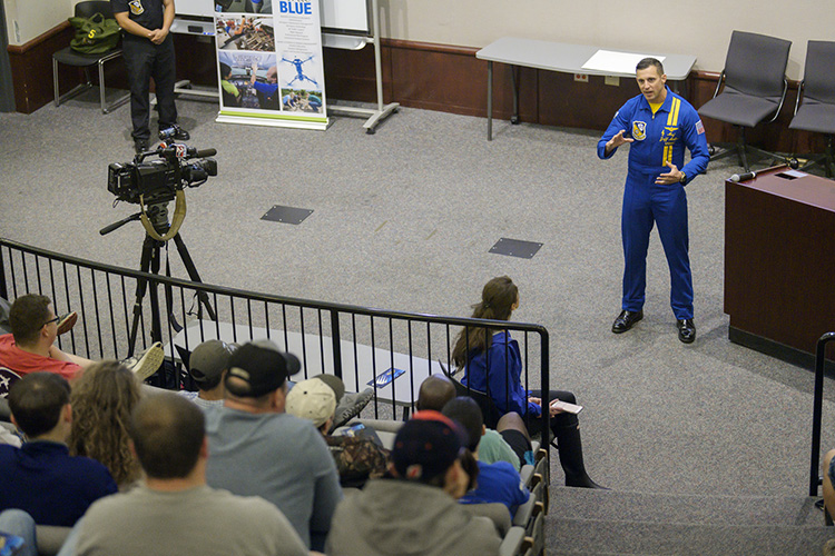 U.S. Marine Corps Maj. Jeff Mullins, a pilot for the U.S. Navy Blue Angels flight demonstration team, makes a point during his presentation Friday, June 7, in the State Farm Lecture Hall inside MTSU’s Business and Aerospace Building in advance of the Blue Angels performance this weekend at the Great Tennessee Air Show in Smyrna, Tenn. (MTSU photo by Andy Heidt)