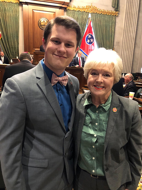 MTSU spring graduate Dalton Slatton, left, of Whitwell, Tenn., is shown at the Tennessee Capitol in Nashville with state Sen. Janice Bowling, R-Tullahoma