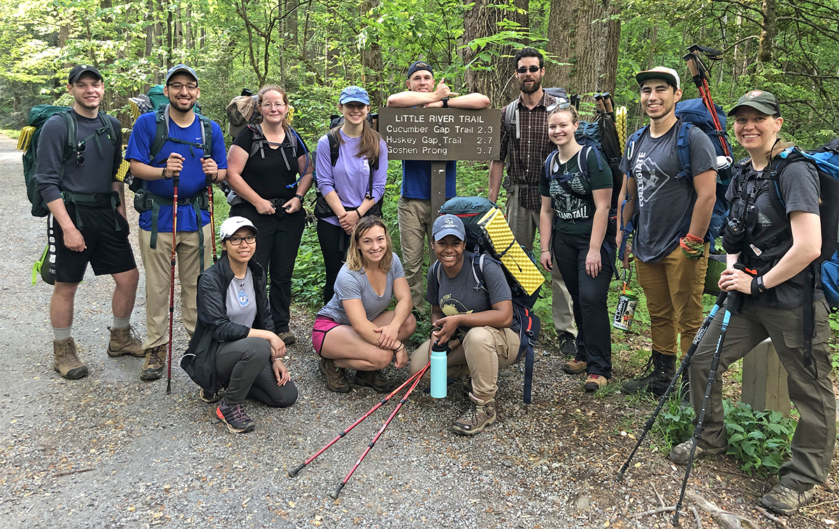 The inaugural “SmokyMtnU” class from MTSU took a break at the Little River Trail and nearby trails in the Great Smoky Mountains National Park during the group’s recent visit. In front are Cyerrah Sengaroun, left, Haven Poore and Infiniti Bristol. In back are Cody Keck, Elman Gonzales, associate professor Ashley Morris, Haley Carter, James Beckner, graduate student Lee Rumble, Bekkah Riley Luke Torres and Christine Hoyer, the park’s backcountry manager. (Submitted photo by Ashley Morris)
