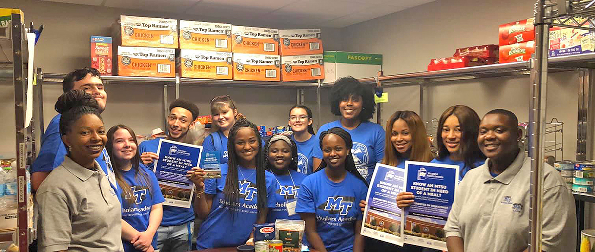 A group of Scholars Academy freshmen and leaders lent a helping hand, bringing donations to the MTSU Food Pantry. (Submitted photo)