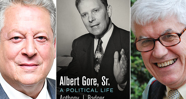 cover of the biography “Albert Gore Sr.: A Political Life,” center, with former Vice President Al Gore at left and author Tony Badger at right