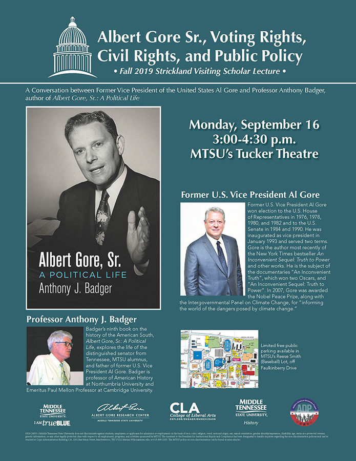 flier for Sept. 16, 2019, forum with former VP Al Gore and “Albert Gore Sr.: A Political Life" biography author Dr. Tony Badger