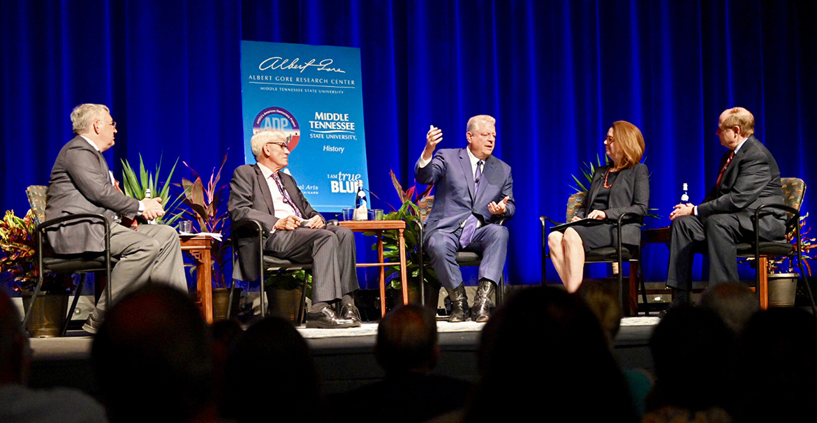 Former Vice President Al Gore, center, answers a question Monday, Sept. 16, during a public forum at MTSU’s Tucker Theatre with author Anthony Badger, second from left, to discuss Badger’s new biography on Gore’s father, the late U.S. Sen. Albert Gore Sr. Also participating in the panel were Louis Kyriakoudes, left, director of the Albert Gore Research Center; Mary Evins, history professor and director of the American Democracy Project at MTSU, center right; and Kent Syler, right, MTSU political science professor. (MTSU photo by J. Intintoli)