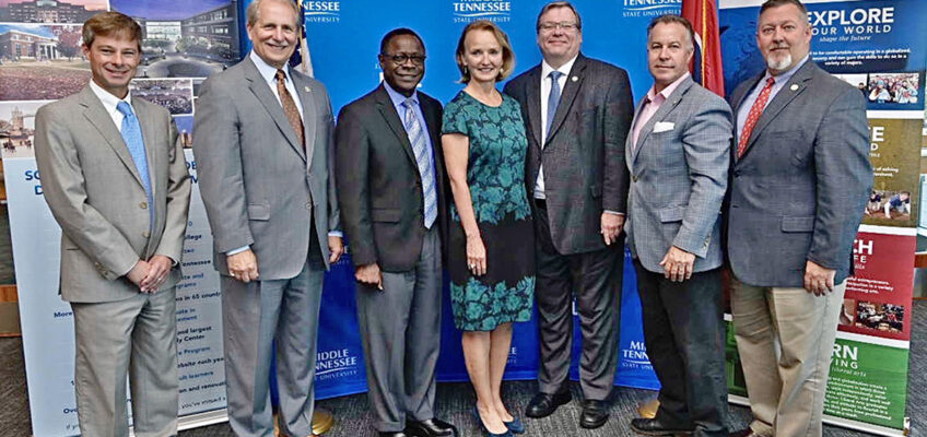 MTSU President Sidney A. McPhee, third from left, formally introduced former Tennessee House Speaker Beth Harwell, center, as a Distinguished Visiting Professor in political science Tuesday, Sept. 24, inside the MTSU Student Union Building. Pictured, from left, are state Rep. Charlie Baum, an MTSU economics professor; Rutherford County Mayor Bill Ketron; McPhee; Harwell; state Reps. Tim Rudd and Mike Sparks; and Steve Sandlin, deputy to the Rutherford County mayor. (MTSU photo by Andy Heidt)