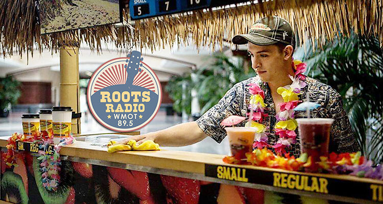 The WMOT-FM Roots Radio 89.5 logo is superimposed over the counter as MTSU junior Nathan Fink of Horicon, Wisconsin, cleans between customers at his “Maui Wowi” smoothie franchise. Fink, a music business major and an entrepreneur since childhood, operates two businesses to pay for his college education and graduate debt-free. (Photo courtesy of Nathan Fink)