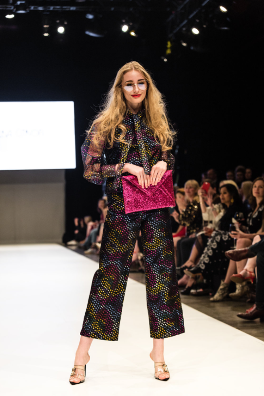 Model walking runway at Nashville Fashion Week 2019 representing designer Laura Citron. Photo by John Hillin.