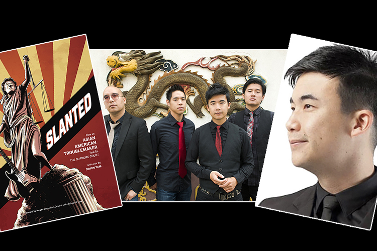 Musicians The Slants, shown at center in this 2015 promotional photo in Portland, Oregon, are flanked by band founder Simon Tam at right and the cover of his memoir, “Slanted,” at left.
