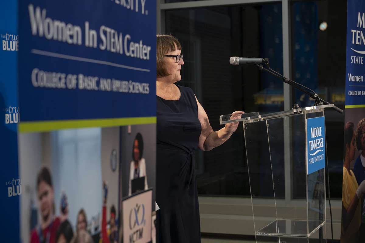 An appreciative Judith Iriarte-Gross, MTSU WISTEM Center director, talked about the “wonderful people and wonderful programs” offered through the women in STEM center, now housed in Davis Science Building Room 115 during the 10th anniversary celebration that took place Wednesday, Oct. 9, in the Strobel Lobby. (MTSU photo by Cat Curtis Murphy)