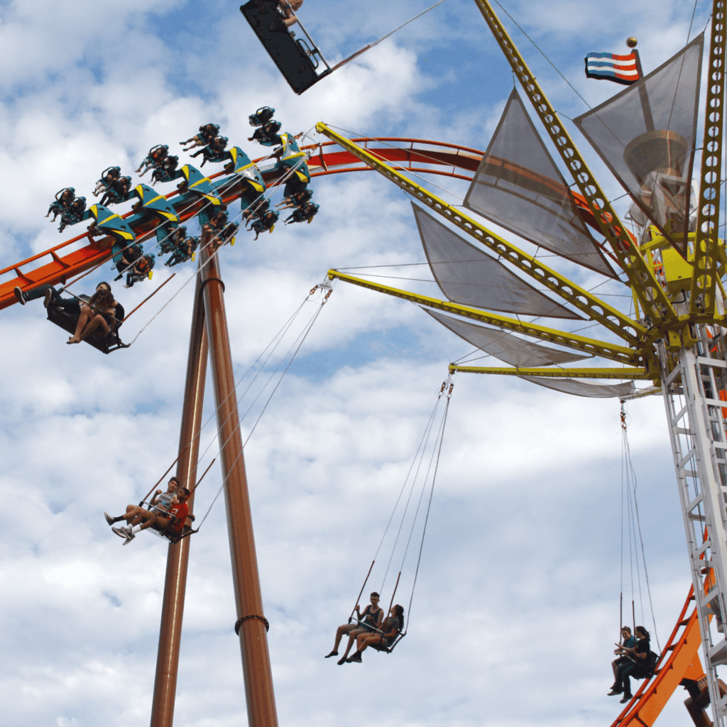 This photo shows the "Crow's Nest" vertical swing ride and part of the "Thunderbird” steel roller coaster at Holiday World in Santa Claus, Ind. (Photo courtesy of Holiday World)