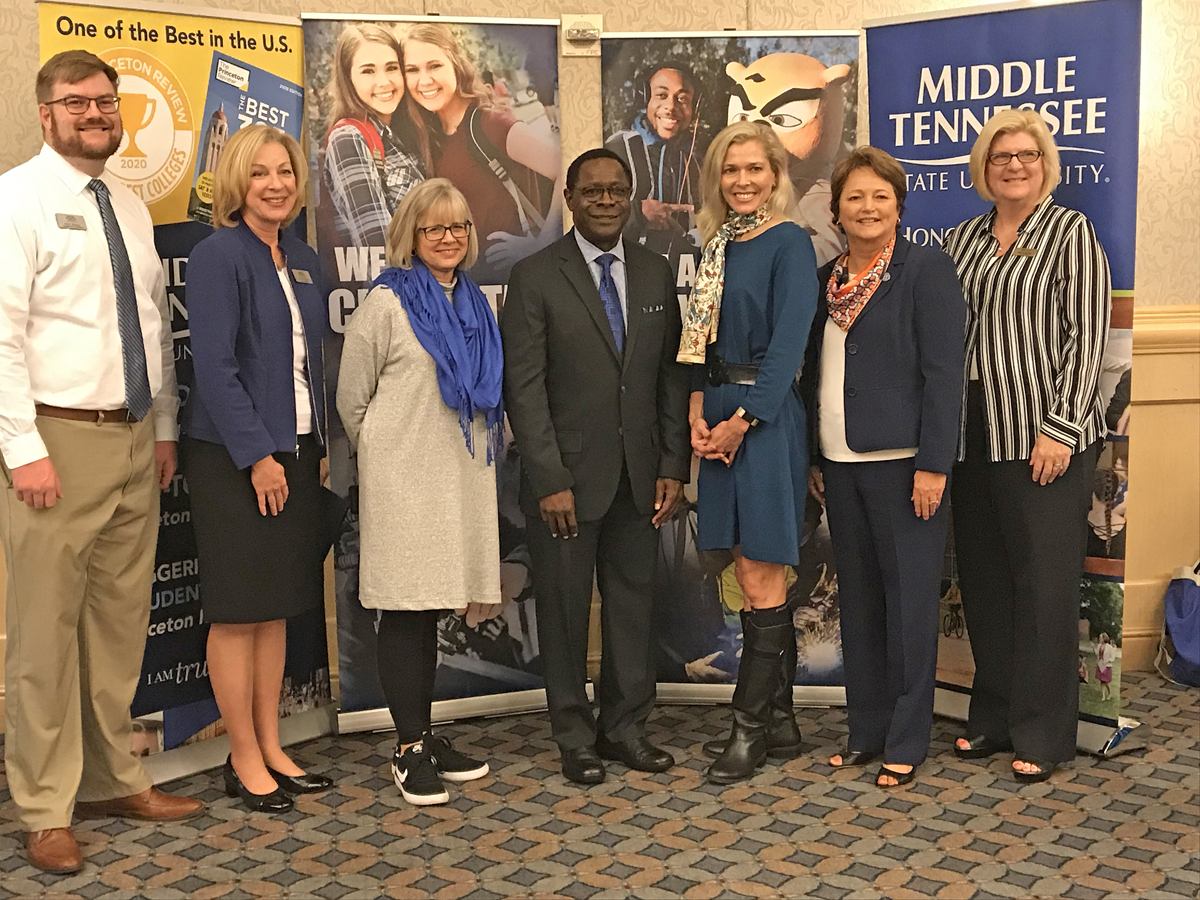 Administrators from MTSU and Chattanooga State gathered following an “MTSU Promise” and honors program agreements signing with Chattanooga State Oct. 29 at the Chattanooga Convention Center. From left are MTSU’s Mark Murphy, Linda Olsen, Deb Sells and President Sidney A. McPhee and Chattanooga State’s Rebecca Ashford, Debbie Adams and Beth Norton. MTSU visited Chattanooga for its annual True Blue Tour to recruit prospective students for 2020 and beyond and recognized its community college partners. (MTSU photo by Randy Weiler)