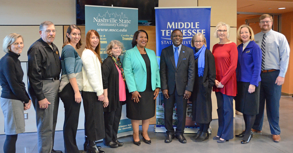 Administrators from MTSU and Nashville State Community College gathered following a “True Blue Pathway” signing with Nashville State Nov. 20, at Nashville State’s main campus on White Bridge Road in Nashville. From left are Nashville State’s Karen Stevenson, Brad Corcoran, Sarah Roberts, Kim Silverman, Carol Martin-Osorio and President Shanna L. Jackson; and MTSU President Sidney A. McPhee, Deb Sells, Nashville State’s Cindy Waller, MTSU’s Linda Olsen and Mark Murphy. (MTSU photo by Randy Weiler)