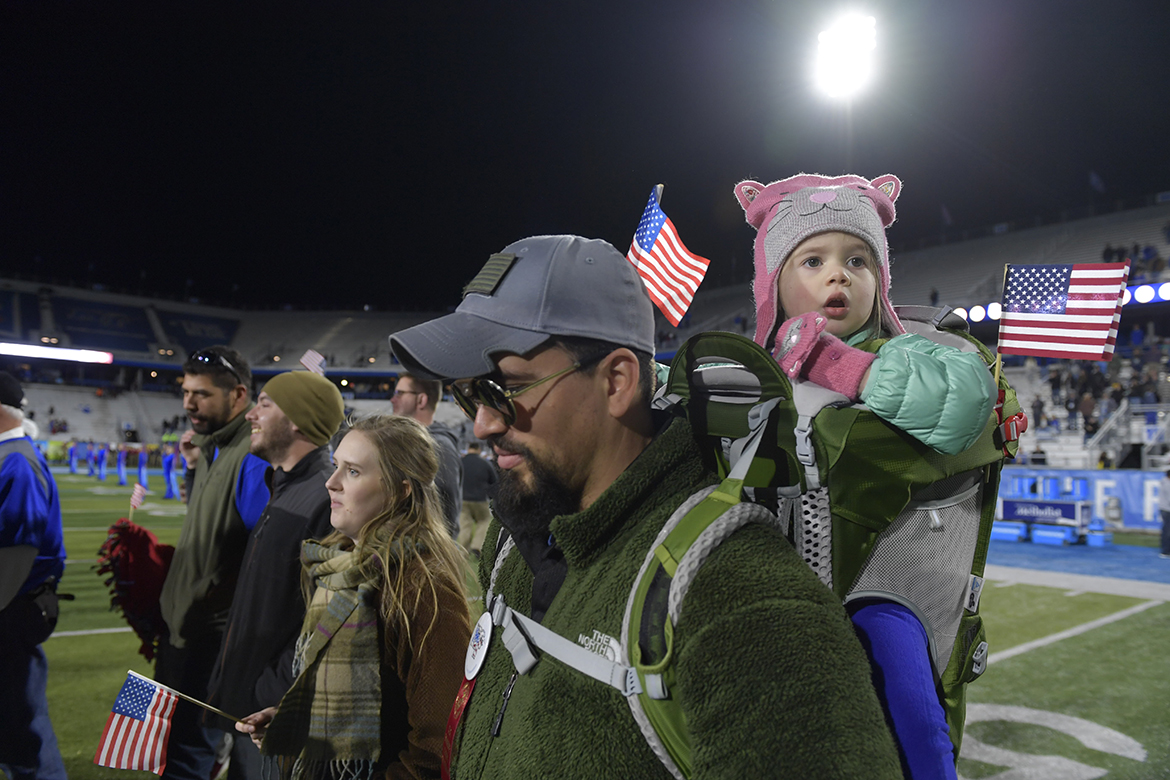Military veterans and their families were again honored as they walked across Horace Jones Field in Floyd Stadium at halftime Saturday, Nov. 16, as part of the 38th Salute to Veterans and Armed Forces game activities. (MTSU photo by James Cessna)