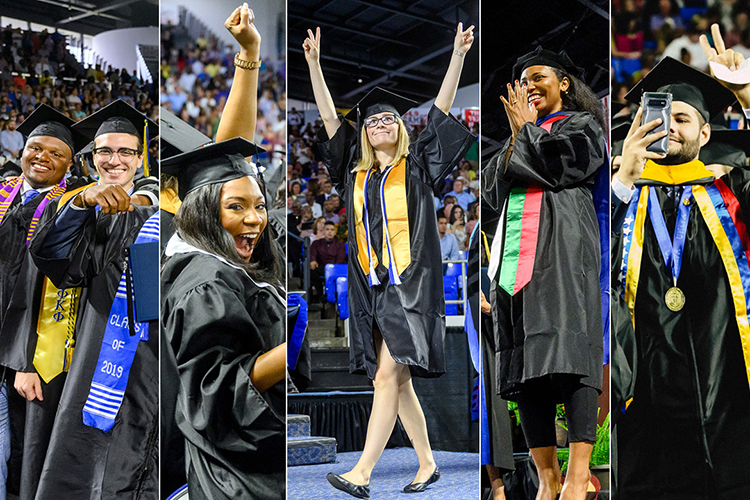 New graduates celebrate at MTSU’s summer 2019 commencement ceremony Aug. 10 in Murphy Center. Photos show, from left, two young men with their arms around each other, two photos of young women with their hands in the air, a photo of a young woman clasping her hands together and smiling, and a young man taking a selfie with his other hand in the air. MTSU held its summer 2020 commencement ceremony virtually Aug. 8 because of the pandemic.(MTSU photos by J. Intintoli and GradImages.com)