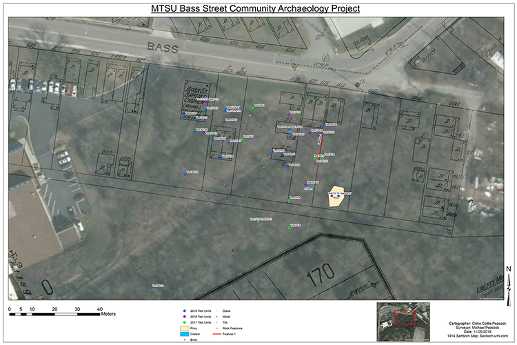A 1914 map by the Sanborn Insurance Company is juxtaposed with areas of excavation in the Bass Street Community Archaeology Project since 2017. Clelie Cottle Peacock, an MTSU geographic information systems technician, created the map. (Photo submitted)