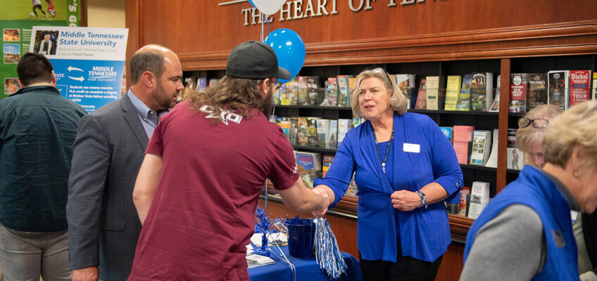 MTSU staff answers questions at a Finish Your Degree Q-and-A event for prospective students in late October at the Rutherford County Chamber of Commerce in Murfreesboro, Tenn. The college will hold a similar event Feb. 6 at the D.W. Wilson Community Center in Tullahoma. It is free and open to the public. (MTSU file photo by James Cessna)